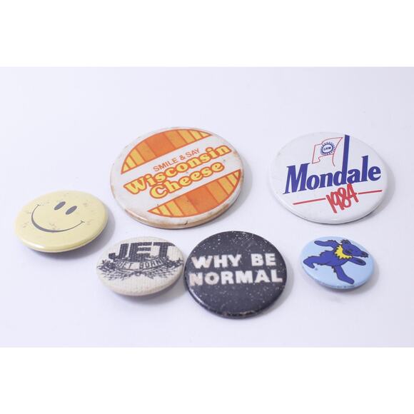 Pinback Buttons, Smile, Wisconsin Cheese, Why Be Normal, Mondale 1984, 70s - Picture 1 of 2